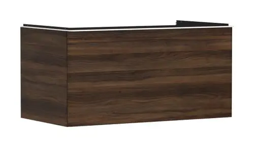 Waschtischunterschrank in dunkler Holzoptik von Hansgrohe, ausgestattet mit einem Schubkasten, bietet Platz für einen Aufsatzwaschtisch.